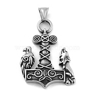 Viking 304 Stainless Steel Pendants, Mjolnir Thor Hammer wiith Raven Charm, Antique Silver, 48.5x35.5x4.5mm, Hole: 9x4mm(STAS-N105-03AS)