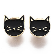 Alloy Brooches, Enamel Pin, with Brass Butterfly Clutches, Cat Shape, Light Gold, Black, 14.5x14x2mm, Pin: 1mm(JEWB-S011-045A)