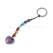 7 Chakra Gemstone Beads Keychain, Natural Amethyst Heart Charm Keychain for Women Men Hanging Car Bag Charms, 13cm(KEYC-F036-02D)