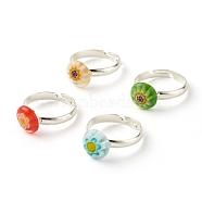 Flower Flat Round Millefiori Glass Adjustable Ring, Solid Brass Ring for Women, Platinum, Mixed Color, US Size 6 1/2(16.9mm)(RJEW-JR00407)