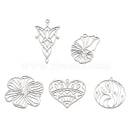 10Pcs 5 Style 201 Stainless Steel Pendants, Laser Cut, Conch/Flat Round/Heart/Flower Charm, Stainless Steel Color, 27~41x20.5~30.5x1mm, Hole: 1.2~1.8mm, 2pcs/style(STAS-TA0002-50)