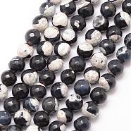 Natural Fire Crackle Agate Bead Strands, Round, Grade A, Faceted, Dyed & Heated, Black, 8mm, Hole: 1mm, about 47pcs/strand, 15 inch(G-K166-06F-8mm-04)