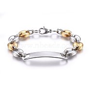 201 Stainless Steel Coffee Bean Chain ID Bracelets, Rectangle, Golden & Stainless Steel Color, 8-1/4 inch(21cm), 11x6mm(BJEW-O168-09GP)