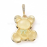 Translucent Resin Pendants, Bear with Bowknot Charm, with Brass Micro Pave Clear Cubic Zirconia, Cadmium Free & Lead Free, Real 18K Gold Plated, Pale Goldenrod, 28x25x8mm, Hole: 4.5x7mm(KK-G406-50G-02)