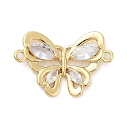 Rack Plating Brass Pave Cubic Zirconia Butterfly Connector Charms, Real 18K Gold Plated, Long-Lasting Plated, Lead Free & Cadmium Free, Clear, 17x26x4mm, Hole: 1.5mm(KK-Z064-36G-01)