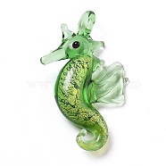 Handmade Lampwork Pendants, Sea Horse, Medium Sea Green, 42~42.5x27x10mm, Hole: 3x3.5mm(LAMP-A004-02C)