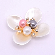 ABS Imitation Pearl Cabochons Accessories, with Imitation Shell ABS Petaline, with Crystal Glass Rhinestone and Light Gold Alloy Finding, for Jewelry Making, Flower, Colorful, 41x42x14mm(FIND-TAC0001-14A)