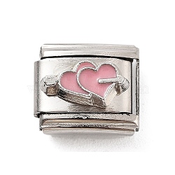 Heart 304 Stainless Steel Enamel Connector Charms, DIY Handmade Module Bracelet Accessories, Stainless Steel Color, Pink, 10x9x6.5mm(STAS-L023-006G)