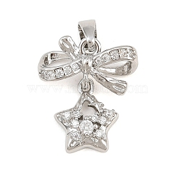 Brass Micro Pave Clear Cubic Zirconia Pendants, Bowknot with Star Charms, Platinum, 17x14.5x5mm, Hole: 5mm(CU-CBABDE1-06P)