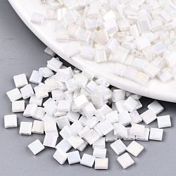 2-Hole Glass Seed Beads, Opaque Colours Rainbow, Rectangle, White, 5x4.5~5.5x2~2.5mm, Hole: 0.5~0.8mm, about 1180pcs/bag(SEED-S031-L-ST401)