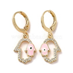 Hamsa Hand with Evil Eye Real 18K Gold Plated Brass Dangle Leverback Earrings, with Enamel & Cubic Zirconia, Pink, 28.5~29x12mm(EJEW-Q797-22G-01)
