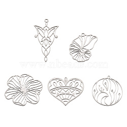 10Pcs 5 Style 201 Stainless Steel Pendants, Laser Cut, Conch/Flat Round/Heart/Flower Charm, Stainless Steel Color, 27~41x20.5~30.5x1mm, Hole: 1.2~1.8mm, 2pcs/style(STAS-TA0002-50)