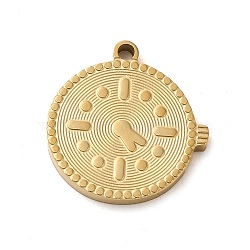 304 Stainless Steel Pendants,  Clock Charm, Real 14K Gold Plated, 15.5x15x1.5mm, Hole: 1.5mm(STAS-L022-295G)