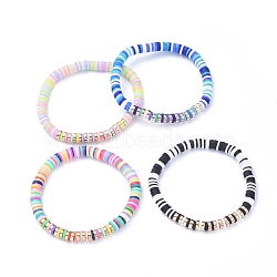 Handmade Polymer Clay Heishi Beads Stretch Bracelets, with Non-magnetic Synthetic Hematite Beads, Mixed Color, Inner Diameter: 2-1/8 inch(5.5cm)(BJEW-JB05300)