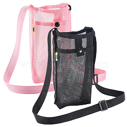 2Pcs 2 Colors Polyester Plastic Water Bottle Mesh Pouches, Sports Water Bottle Adjustable Shoulder Bags for Outdoor Camping Hiking, Rectangle, Mixed Color, 830mm, Bag: 190x120~130x6~11mm, 1pc/color(AJEW-CN0004-37C)