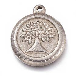 304 Stainless Steel Pendants, Flat Round with Tree of Life, Stainless Steel Color, 19x16x2.5mm, Hole: 1.4mm(STAS-O136-07P-B)