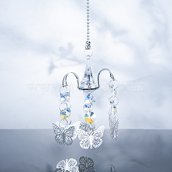 Glass Pendant Decoration, Hanging Suncatchers, with Metal Findings, for Garden Window Wedding Home Decoration, Butterfly, 245mm(PW-WG37022-03)