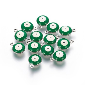 304 Stainless Steel Enamel Charms, Flat Round with Evil Eye, Stainless Steel Color, Green, 8.5x6x3.5mm, Hole: 1.2mm