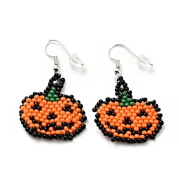 Glass Seed Braided Jack-O-Lantern Dangle Earrings, Alloy Wire Wrap Halloween Earrings for Women, Orange, 44mm, Pin: 0.6mm