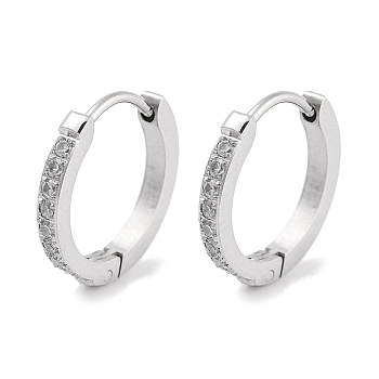 304 Stainless Steel Micro Pave Clear Cubic Zirconia Huggie Hoop Earrings, with 316 Stainless Steel Pins, Stainless Steel Color, 15.5x2x16mm