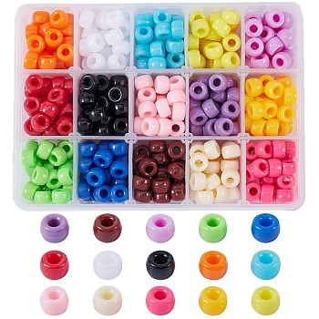 121.5G 15 Colors Opaque Acrylic European Beads, Barrel, Mixed Color, 9x6mm, Hole: 4mm, about 31pcs/8.1g, 8.1g/color