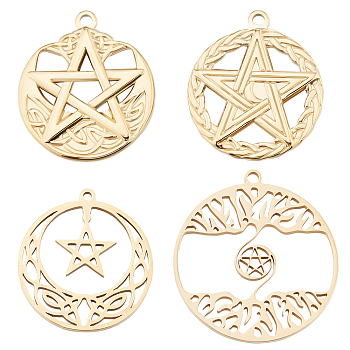 8Pcs 4 Style 304 Stainless Steel Pendants, Flat Round with Star & Tree, Real 18K Gold Plated, 27~32x25~30x2mm, Hole: 1.4~2mm, 2pcs/style
