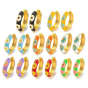 Rack Plating Brass Hoop Earrings, with Flower Enamel, Cadmium Free & Lead Free, Long-Lasting Plated, Real 18K Gold Plated, Mixed Color, 19x4.5mm