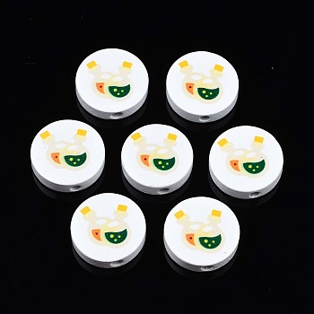 Halloween Printed Natural Wood Beads, Flat Round with Witch Potions Pattern, White, 19~20x5.9mm, Hole: 2~2.2mm
