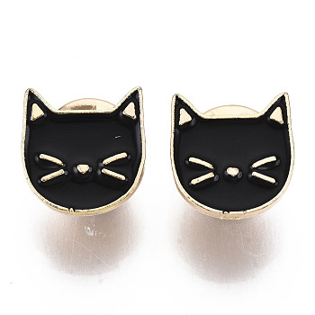Alloy Brooches, Enamel Pin, with Brass Butterfly Clutches, Cat Shape, Light Gold, Black, 14.5x14x2mm, Pin: 1mm