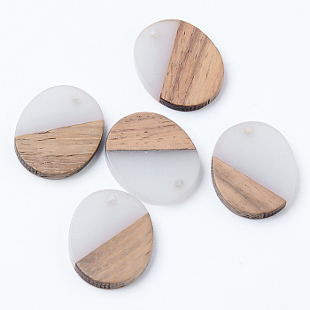 Resin & Walnut Wood Pendants, Oval, WhiteSmoke, 20x17x3mm, Hole: 1.8mm