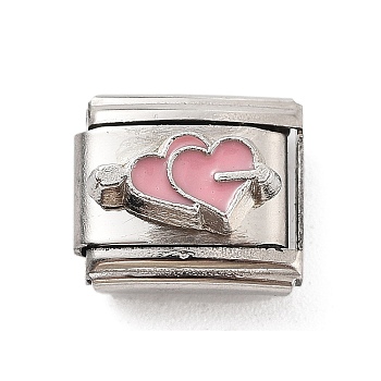 Heart 304 Stainless Steel Enamel Connector Charms, DIY Handmade Module Bracelet Accessories, Stainless Steel Color, Pink, 10x9x6.5mm
