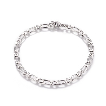 304 Stainless Steel Figaro Chain Bracelets, with Lobster Claw Clasps, Stainless Steel Color, 7-7/8 inch(20cm)