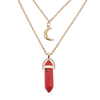 Synthetic Turquoise Cone Pendant Double Layer Necklace, with Moon Charms, 19.69 inch(50cm)