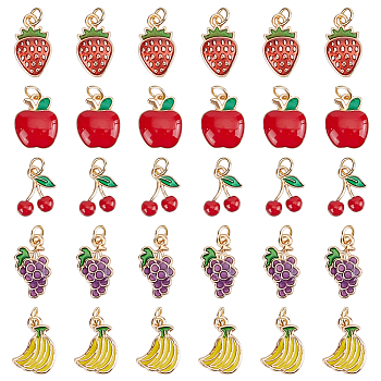 80Pcs 5 Style Fruit Alloy Enamel Pendants, with 304 Stainless Steel Jump Rings, Mixed Color, 13~17x9~12x2~2.5mm, Hole: 3.5mm, 16pcs/style