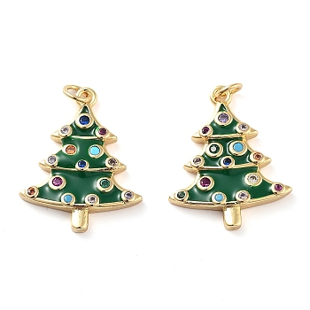 Christmas Theme Rack Plating Brass Pendants, Micro Pave Colorful Grade AAA Cubic Zirconia, with Enamel and Jump Ring, Long-Lasting Plated, Cadmium Free & Lead Free, Christmas Tree, 20x16x3mm, Hole: 2mm