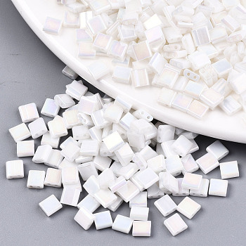 2-Hole Glass Seed Beads, Opaque Colours Rainbow, Rectangle, White, 5x4.5~5.5x2~2.5mm, Hole: 0.5~0.8mm, about 1180pcs/bag