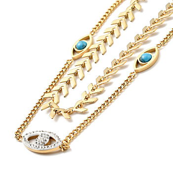 Synthetic Turquoise & Crystal Rhinestone Horse Eye Links Double Layer Necklace, Ion Plating(IP) 304 Stainless Steel Jewelry for Women, Golden, 16.26 inch(41.3cm)