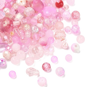 Mixed Style Glass Beads, Mixed Shapes, Pink, 4~27x4~14x3~11mm, Hole: 1~4.5mm
