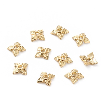 Alloy Bead Caps, Long-Lasting Plated, 4-Petal Flower, Real 18K Gold Plated, 8x2mm, Hole: 1.4mm