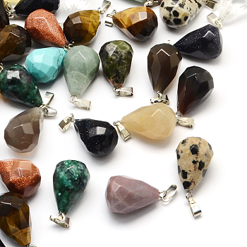 Faceted Teardrop Natural & Synthetic Mixed Stone Pendants, with Platinum Tone Brass Findings, 22x13mm, Hole: 6x2mm
