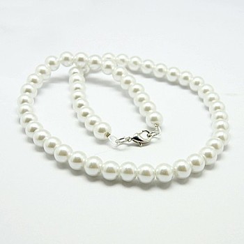 Fashion Glass Pearl Beaded Necklaces, with Brass Lobster Claw Clasps, White, 17.3 inch