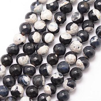 Natural Fire Crackle Agate Bead Strands, Round, Grade A, Faceted, Dyed & Heated, Black, 8mm, Hole: 1mm, about 47pcs/strand, 15 inch