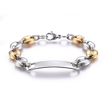 201 Stainless Steel Coffee Bean Chain ID Bracelets, Rectangle, Golden & Stainless Steel Color, 8-1/4 inch(21cm), 11x6mm