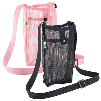 2Pcs 2 Colors Polyester Plastic Water Bottle Mesh Pouches, Sports Water Bottle Adjustable Shoulder Bags for Outdoor Camping Hiking, Rectangle, Mixed Color, 830mm, Bag: 190x120~130x6~11mm, 1pc/color