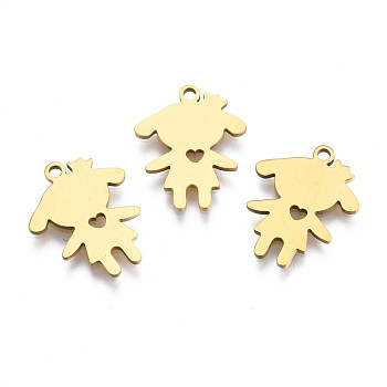 Ion Plating(IP) 201 Stainless Steel Pendants, Laser Cut, Girl Silhouette Charm, Golden, 17x13.5x1mm, Hole: 1.4mm