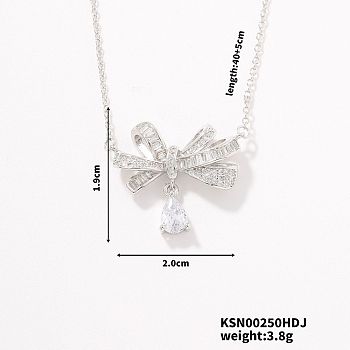 Fashionable Brass Rhinestone Bowknot & Teardrop Pendant Necklaces for Women, Platinum, 15.75 inch(40cm)