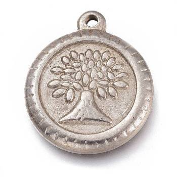 304 Stainless Steel Pendants, Flat Round with Tree of Life, Stainless Steel Color, 19x16x2.5mm, Hole: 1.4mm