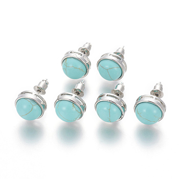 Synthetic Turquoise Stud Earrings, with Brass Findings, Half Round, Platinum, 12mm, Pin: 0.8mm