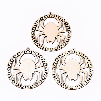 Undyed Natural Wooden Big Pendants, Laser Cut Shapes, Donut with Spider, Antique White, 63x59.5x2mm, Hole: 1.6mm