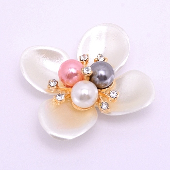 ABS Imitation Pearl Cabochons Accessories, with Imitation Shell ABS Petaline, with Crystal Glass Rhinestone and Light Gold Alloy Finding, for Jewelry Making, Flower, Colorful, 41x42x14mm